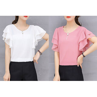 Vivient Women Pink Ruffle Sleeve Neck Button Top